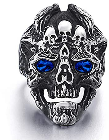 Schädel-Kopf-Ring,Multi Schädelring,Gotischer Dämon-Schädel-Ring-Halloween-Schädel-Schmuck,Nordischer Wikinger Totenkopfring Hip-Hop-Schädel-Skelett-Band-Ring Punk-Piraten-Totenkopf-Ring (17.3, Blau)