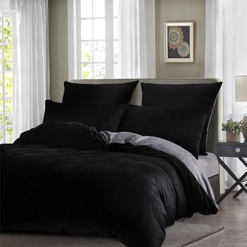 Boqingzhu Winter Bettwäsche 155×220cm Plüsch Schwarz Grau Biber Flanell Warm Kuschelig Flauschig Wende Bettwäsche Teddy Fleece Samt Cashmere Touch Bettbezug 155×220cm