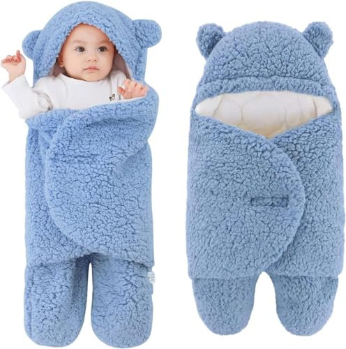 Abnaok Baby Schlafsack Neugeboren, Unisex Babyschlafsack mit Hut, Angedickt und Warm Pucksack Baby 0-6 Monate (Blau)
