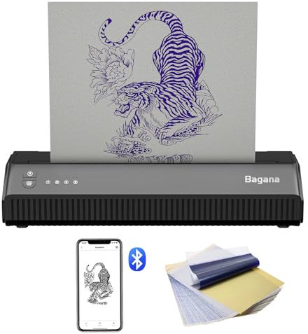 Bagana TATOPRT - Impresora de plantillas de tatuaje, térmica Bluetooth inalámbrica, portátil, kit de máquina de tatuaje, impresora de transferencia de tatuajes, compatible con smartphone y PC