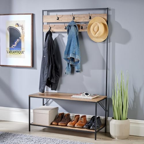 Home Source Oakmere Coat Rack Hallway Storage Bench 7 Hook Open Shoe Storage Industrial Furniture Oak Finish