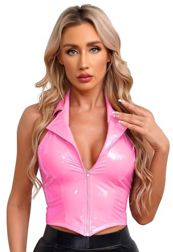 TiaoBug Damen Wetlook Weste Lack Leder Anzugweste mit Revers Kragen Reisverschluss Slim Fit Crop Top Rückenfrei Punk Gothic Oberteil Gogo Outfits Clubwear Rosa N XXL