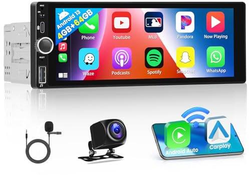 2+64GB Wireless CarPlay Single DIN Android Car Stereo, 6.9 Touchscreen Radio Android Auto Bluetooth GPS WiFi Steering Wheel Control
