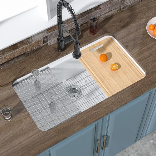 HOMLYLINK Évier de cuisine blanc encastrable de 83 x 48,3 cm, grand évier de cuisine en argile réfractaire à double montage pour cuisine, avec 4 accessoires, y compris une planche à découper