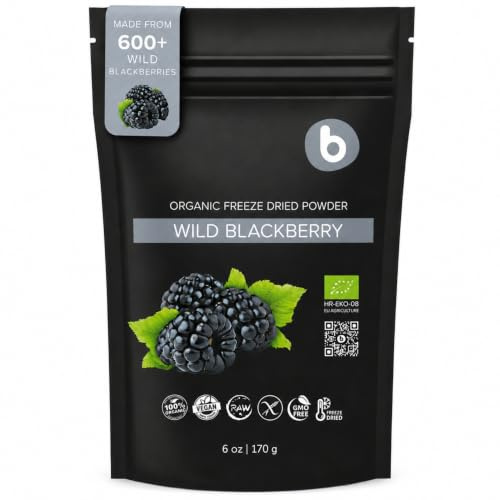 Organic Freeze Dried Wild BlackBerry Powder from Frozen Blackberries, Antioxidant Superfood, for Smoothies, Baking and Flavoring, Rich in Vitamin C, K, B9, 170g