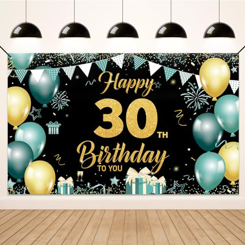 Koliphy 30. Geburtstagsdeko, 30. Happy Birthday Banner für Mann Frau, Grün Gold Stoff 30 Geburtstagsbanner Hintergrund Party Dekoration Drinnen und Draußen