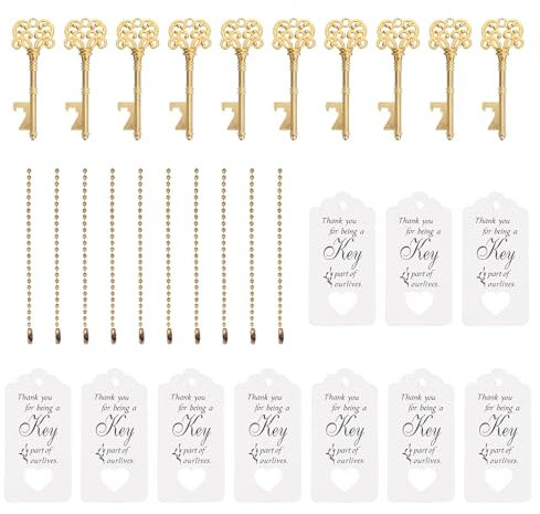 PATIKIL Vintage Key Bottle Openers, 10 Pcs Wedding Party Favor Souvenir Gift Set with Thank You Tag, Key Chains for Guests, Golden, White