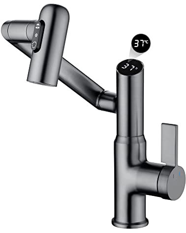 GEOATON Temperature Bathroom taps,2 Sprays,No Electrical Temperature Display Single Handle Bathroom taps,Bathroom Sink taps (Temperature Display, Gray)