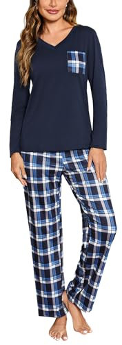 iClosam Ensemble de Pyjama Femme Coton Pyjama Hiver Long col V Vêtements de Nuit 2 Pièces à Carreaux à Manche Longue Pyjama avec Poches Latérales