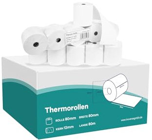 Inoverse EC-Cash Thermorollen 80mm x 80mm x 12mm, Thermopapier-Kassenrollen, 50 m, 50 Rollen, Bonrollen für Kassensystem, EC-Geräte und Bankomat, BPA-frei