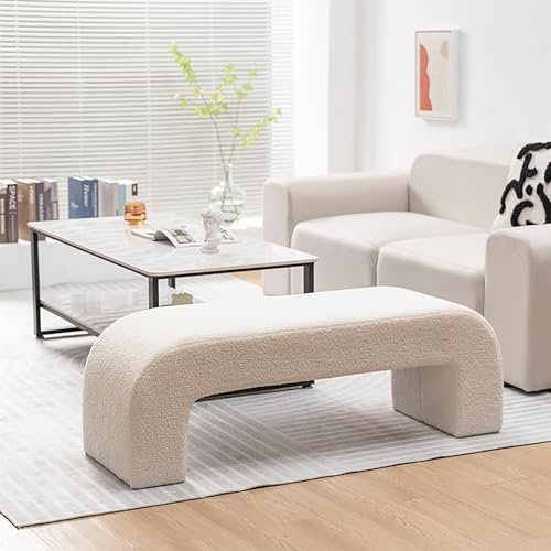 TAUIANE Flauschige Sherpa Ottomane, Kunstfell Eingangsbank, Gepolsterte Bank Am FußEnde des Bettes, Boucle Bank, Moderner FußHocker, Mit Holzbeinen, FüR Wohnzimmer, Foyer, Flur,Beige,Length 100cm