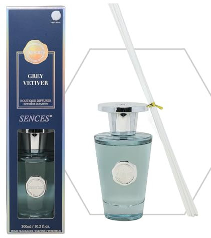 Sences Luxury Reed Diffuser 300ml - Scented with Grey Vetiver, Long-Lasting Natural Aroma, Premium Essential Oils, Elegant Glass Bottle, Ideal for Home, Office & Spa, Earthy and Refined Fragrance