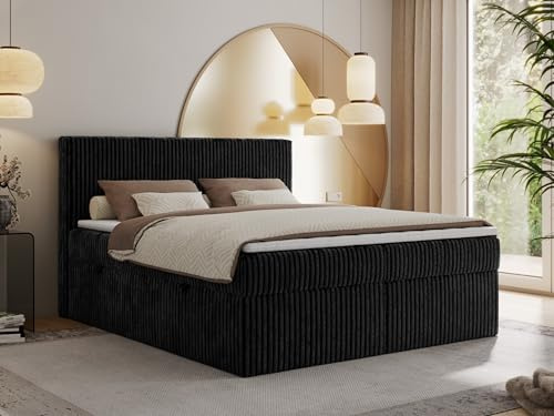 MKS MEBLE Boxspringbett 180x200 Schwarz Cord, Boxspringbett mit Matratze H3 + Topper T25, Bett mit Bettkasten and Kopfteil, Doppelbett mit Stauraum Polsterbett - Tiliano