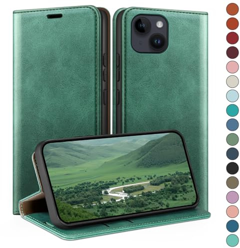 HUOUH for iPhone 14 Plus 6.7 Wallet case with RFID Blocking PU Leather,Flip Folio Book covers,Credit Card Holder Shockproof Phone case Women Men for Apple 14 Plus case Sea Green
