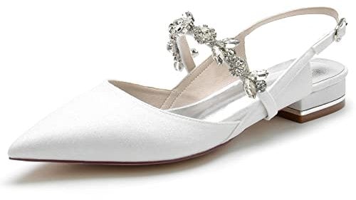Satin Rhinestones Wedding Shoes Bride Flat Pointed Toe Women Slingback Flats 2.5,White,7 UK
