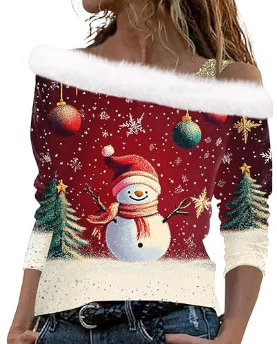 Topassion Weihnachtspullover Damen Mit Schulterriemen Xmas Plüsch Schulterfrei Langarm Pullover Off Shoulder Elegant Langarmshirt Herbstpullover Sweatshirt Christmas Winterpullover Sweatshirt(Wine,M)