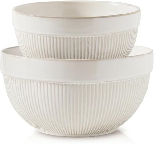 TEAKISS Ceramic Large Yellow Stripe Mixing Bowls for Kitchen, Set of 2 Big Serving Bowls for Cooking, Popcorn, Salad, Soup, Baking, Dough Bread Making Bowl, 10 inch + 8 inch, White