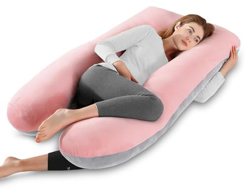 Aevcvok Almohada Embarazada - Almohada de Embarazo Grande - Almohada de Cuerpo Completo en Forma de U - Almohada de Maternidad con Funda de Terciopelo Extraíble y Lavable - Rosa & Gris