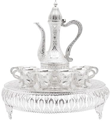 Caskunbsy Türkische Kaffeekanne Set, Vintage Teeservice Set,Kaffeetassen Türkisch mit 6 Luxuriösen Kaffeetassen und Handgefertigtem Teetablett Set für Teetisch Dekoration ( Silber)