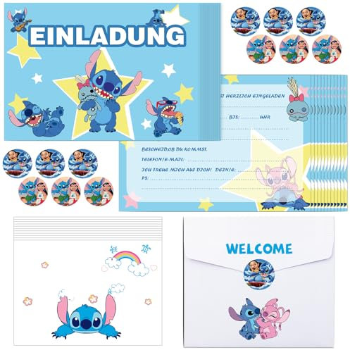 Oirigaga Einladungskarten Kindergeburtstag Jungen Mädchen, 12 Stück Deutsche Geburtstag Einladungen, Partyeinladungen mit Umschlägen und Runde Stickers, Bunte Cartoon Einladung Set für Kinder Party