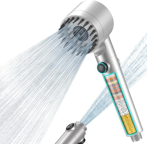 MEKO Hard Water Filter Shower Head with 15 Stage Filter, 3+1 Spray Jet Modes High Pressure Shower Head and 1.5m Hose, Handheld Massage Shower Filter for Residual Chlorine Remove(Silver)