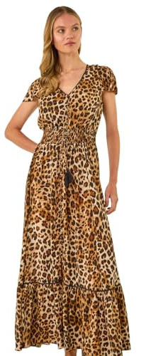 Roman Shirred Empire Waist Dress for Women UK Ladies Midi Maxi Summer Spring Tiered Frill Hem Short Sleeve V Neck Button Through Boho Bohemian Holiday Cruise - Tan - Size 10