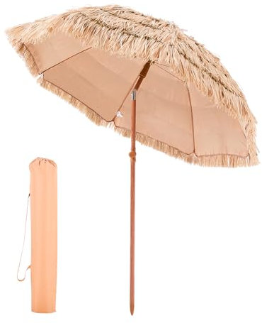 VEVOR Sombrilla de Paja de PP 1,8 m, Sombrilla Tiki Inclinable con 8 Varillas Metálicas, Parasol Hawaiano Portátil y Plegable para Protección Solar, para Playa, Terraza, Jardín, Piscina, Patio