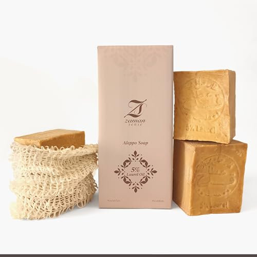 Savon d’Alep Original Zaman Sense – 5% Laurier & 95% Olive – Lot de 3 x 200 g + Pochette en sisal – Savon naturel visage, corps & cheveux, vegan & sans parfum