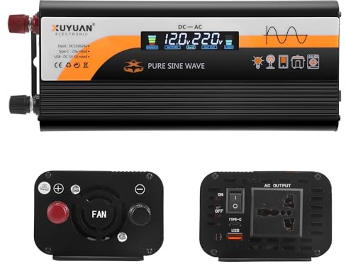 2600W Wechselrichter 12V auf 230V Spannungswandler, Wechselrichter mit LCD Bildschirm und Typ-C & USB-Anschluss, Inverter 12V 220V, Auto-Stromwandler für LKW, Zuhause, Fahrzeuge, Laptop, Reisen