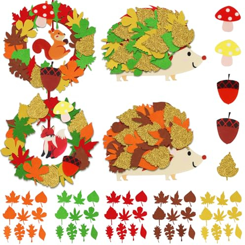 Dawumin 132 Stück Herbst Bastelset für Kinder, Filz Bastelset für Deko, Igel, Herbst Kränze Mit Igel, Kreativsets zum Basteln für Herbstdeko kinder 3 4 5 6 jahre (132pcs)