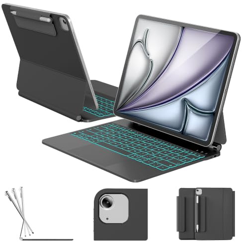 RAYMCRAFT Tastatur Hülle für iPad Air 13/iPad Pro 12,9 (6./5./4./3. Gen) | 11-Farbige Hintergrundbeleuchtung, Multi-Touch Trackpad, Magnet‑Schwebhalter, Stifthalter, QWERTZ‑Layout, Schwarz
