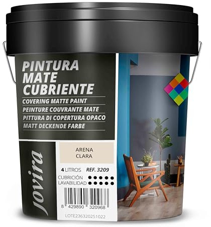 JOVIRA PINTURAS Pintura Mate Cubriente | Colores | Pintura interior-exterior con excelente poder cubriente. (4 Litros, Arena Clara)-T