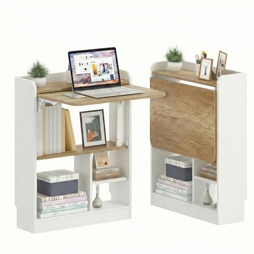 MoraRise Wall Mounted Table Folding Desk,Drop Leaf Floating Table with 4 Open Storage Shelves,Space Saving Laptop Computer Desk,Home Office Desk Workstation for Small Space Study Kitchen (White&Wood)
