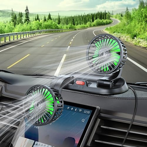 Qidoe Ventilador para Coche 12V Doble Cabeza USB | 2 Velocidades, 360° Giratorio, Viento Fuerte, Potente y Silencioso, Para Camión, Autocaravana y Caravana