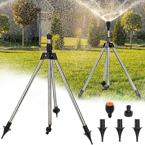 Rotating Tripod Sprinkler,Edelstahl Rotary Bewässerung Stativ,Garten Rasensprenger 360 Grad Sprinkler,Teleskop Unterstützung Spritzer für Große Flächen, Hof, Garten, Rasen