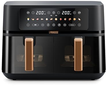 Princess Freidora de Aire Doble 9L 3100W – Dos zonas de cocción con función Sync Finish, gran capacidad para comidas familiares, cocina dos platos al mismo tiempo