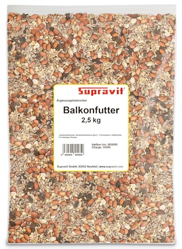 Supravit Balkonfutter für Wildvögel 2,5kg Wildvogelfutter schalenfrei | Premium Sonnenblumenkernen, Erdnüssen, Haferflocken & Rosinen | Ganzjahres- & Winterfutter