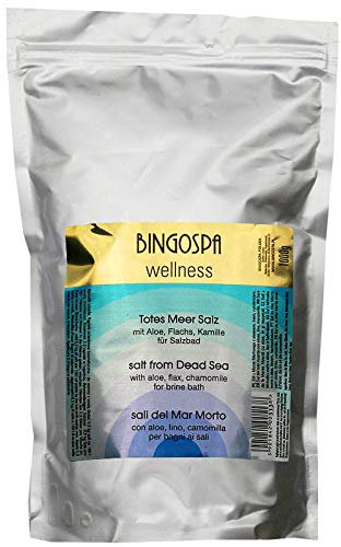 Badesalz aus dem Toten Meer mit Aloe, Flachs und Kamillienextrakt fur Hautinfektion, Psoriasis, Akne, Stress, Schwitzen, Muskelschmerzen 1000g BINGOSPA