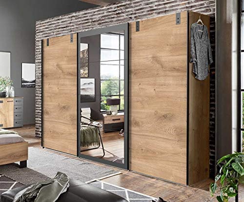 lifestyle4living Schwebetürenschrank in Eiche-Dekor und Grau mit Spiegel-Tür, 270 cm | Hochwertiger Kleiderschrank mit Schwebetüren, 3 Einlegeböden & 3 Kleiderstangen