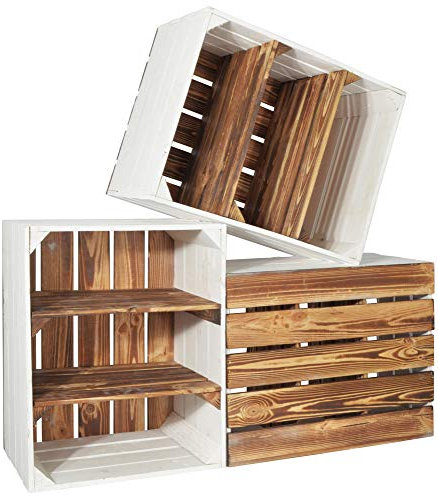 CHICCIE 3 Set Holzkiste Grete Geflammt Weiß 50x40x30cm - 2x Kurzes Regal Weinkiste