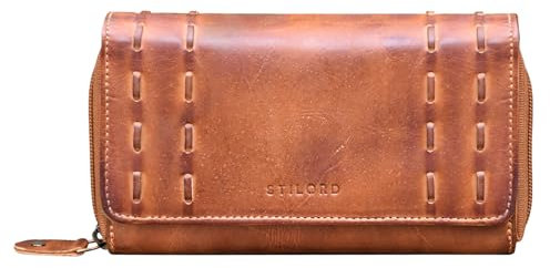 STILORD 'Kate' Damen Ledergeldbörse mit RFID Schutz Vintage Portemonnaie für Frauen Großer Geldbeutel aus Echtem Leder in Geschenkbox, Farbe:Mandel - braun