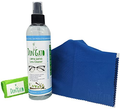 Don Gato - Naturel Nettoyeur pour Lunettes, Lentilles et Optiques (250 ML) + 2 Chiffons Microfibres. Fabriqué en Espagne avec des Produits naturels, sans Alcool, sans ammoniaque.