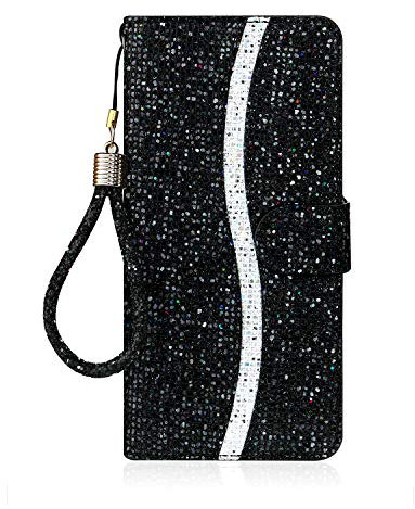 Tiyoo Phone Case for iPhone 12 Pro Max Flip Case Bling Glitter Sparkle Case, 3D Sequins Leather Wallet Cover with Magnetic Closure, Support Stand and Card Slots, with Lanyard Strap (Black)