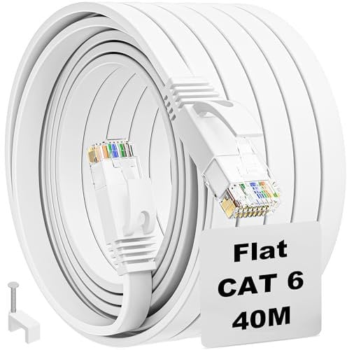 Cable Ethernet 40 Metros, Cable de Red Plano Largo Latiguillo Rj45 Cat 6 Cable Network Gigabit Blanco Alta Velocidad Cable Internet 40m para Switch, Router, Módem, Panel de Conexión, PC