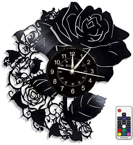 Smotly Orologio da parete in vinile, classico orologio da parete con rosa nera, elegante orologio da parete artistico regalo decorazione per la casa (con luce)