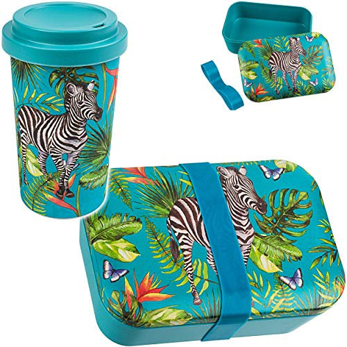 alles-meine.de GmbH 2 TLG. Set Kunststoff - Lunchbox/Brotdose + Coffee to Go Becher - Dschungel Tiere & Safari - Zebra - BPA frei - mit Gummiband - Brotbüchse Küche Essen - T..