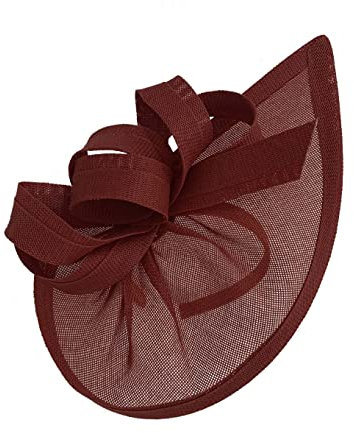 Caprilite Fascinator / Fascinator, vegan, mit Mond-Reifen, Kopfband, Hochzeit, Ascot Races, maßgeschneidert, Sinamay-Scheibe, Weinrot, Einheitsgröße
