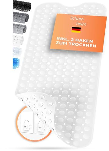 LICHTENHEIM Duschmatte rutschfest Sensitiv 100x40 cm - INKL 2 Haken - Badewannenmatte rutschfest - Antirutschmatte Badewanne BPA frei - Badematte schimmelresistent & waschbar (Weiß)