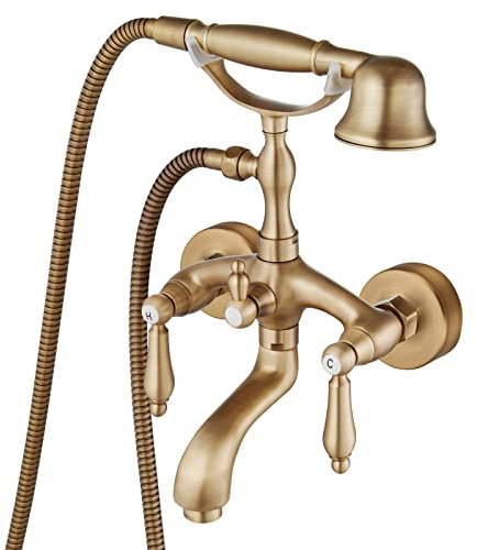 Aolemi, Kit rubinetto per vasca da bagno con bocca di erogazione, montaggio a parete, 2 maniglie a leva, doccetta a mano, in ottone con finitura anticata, per bagno in stile vintage