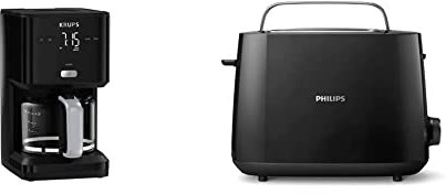 Krups KM6008 Smart'n Light Kaffeemaschine | mit Timer |intuitives Display | 1,25 L Fassungsvermögen für bis zu 15 Tassen Kaffee | schwarz & Philips Toaster – 2 Toastschlitze, 8 Stufen, schwarz
